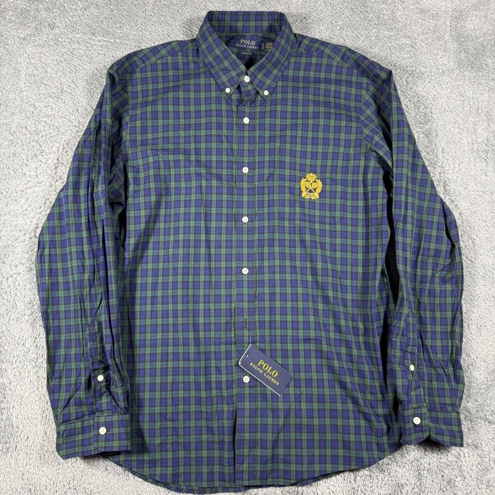 NWT Polo Ralph‎ Lauren Crest Crown Poplin Plaid Button Shirt Classic Fit Green